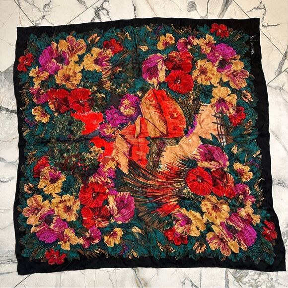 VTG Gerard L.Y Paris Women’s Scarf Shawl Black Floral Scenic Square hand rolled - Picture 1 of 6